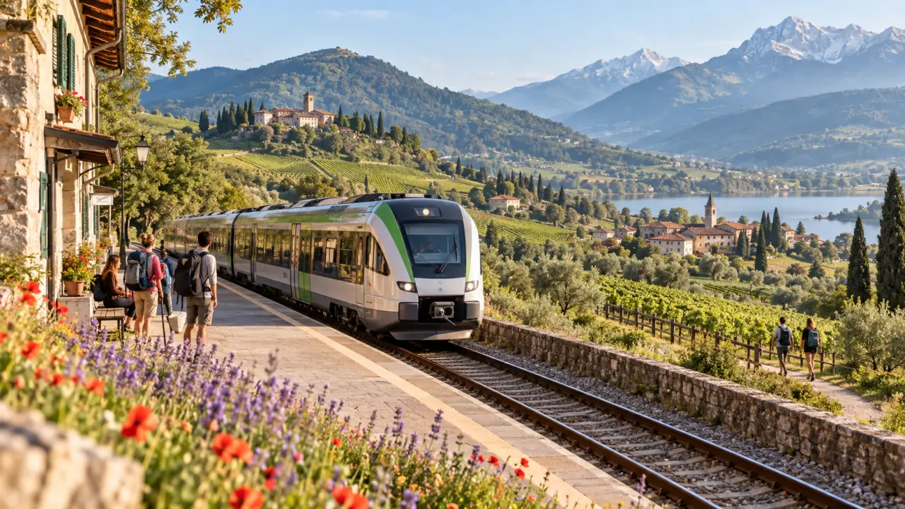train régional traversant un paysage européen verdoyant