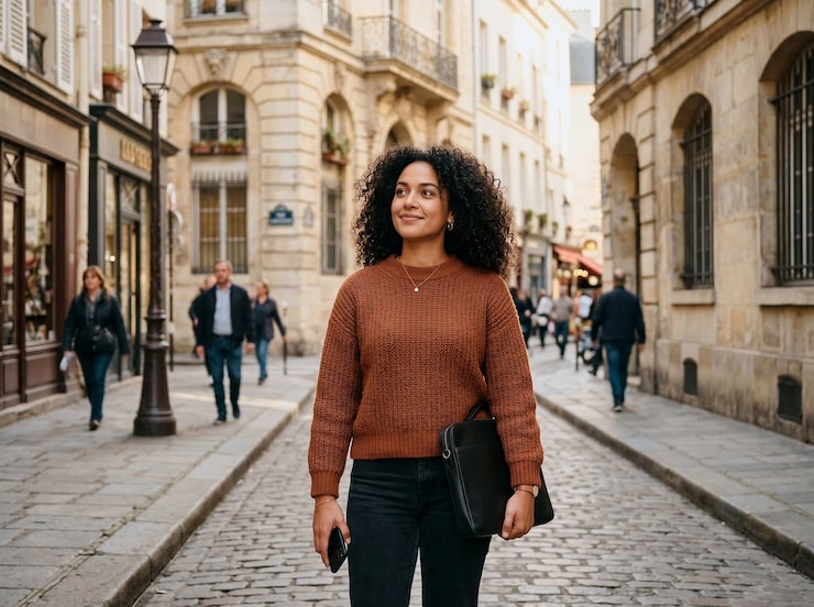 femme souriante marchant seule dans une rue europeenne