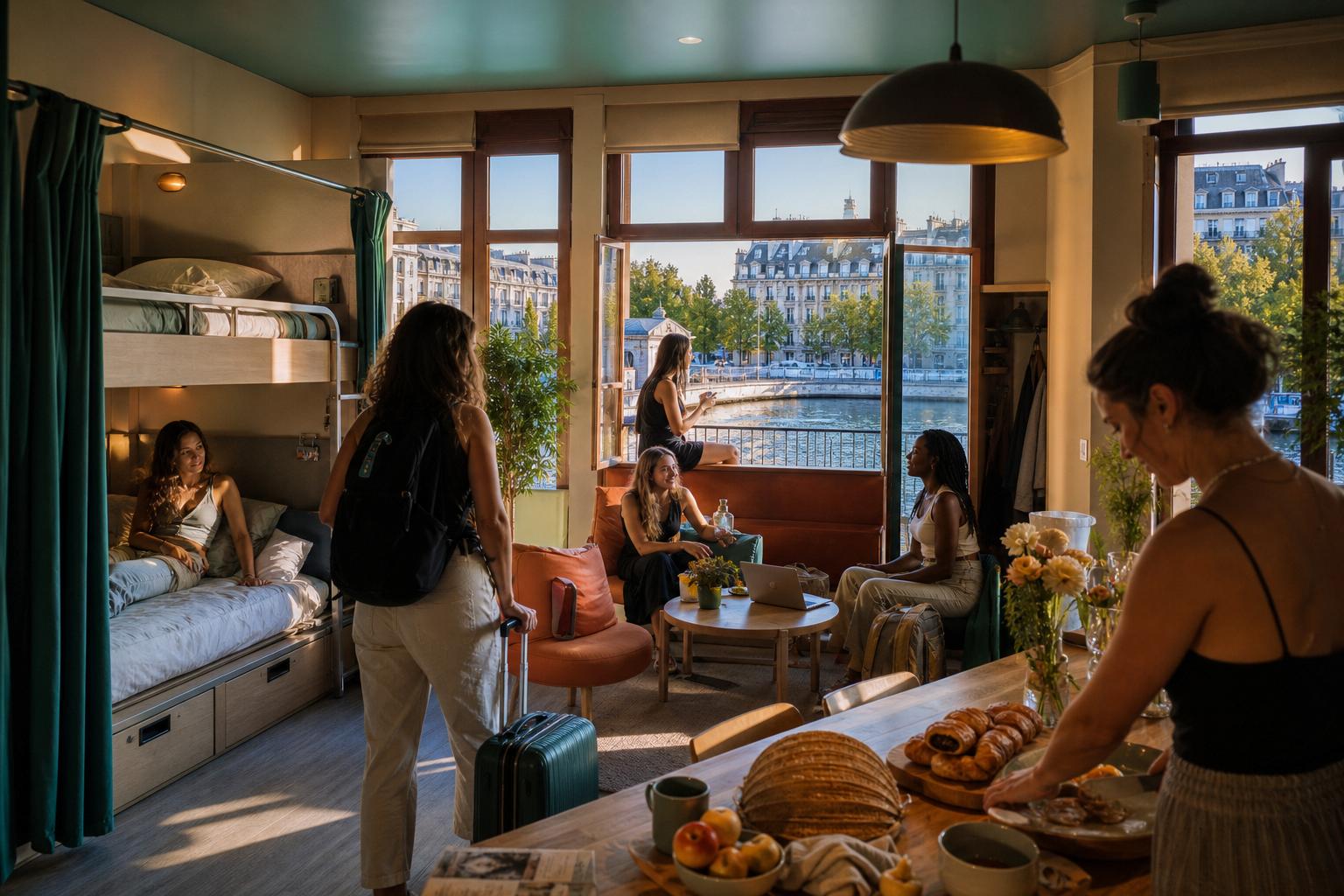 groupe de voyageuses partageant un repas dans une auberge